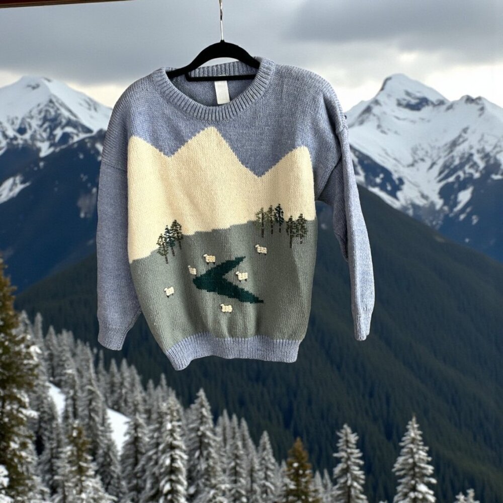 Vintage Handknit in New Zealand Rosella 100% Wool 3D Sheep Hills Sweater